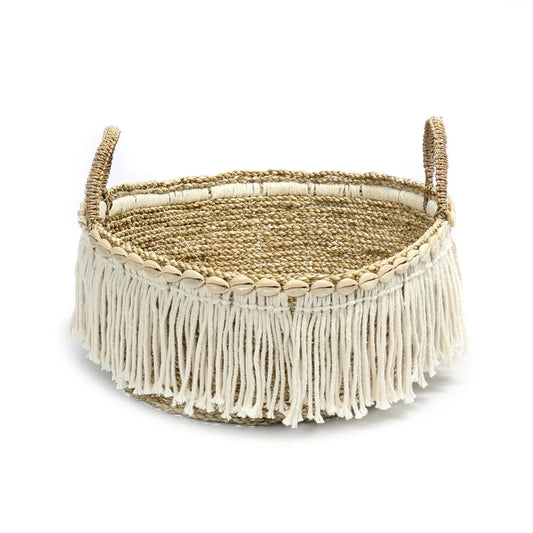 De Boho Fringe Mand - Naturel Wit se traduit en français par Panier à Franges Boho - Naturel Blanc.